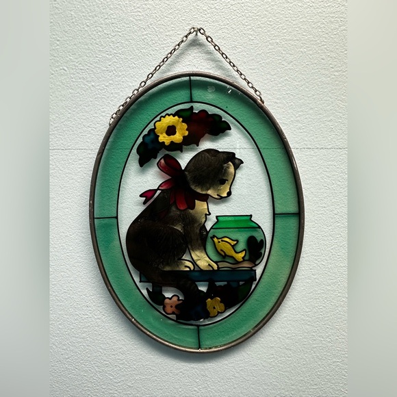 Joan Baker Designs kitty cat with fish bowl oval suncatcher window decor - Picture 2 of 5